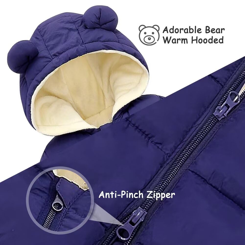 BYFRI Baby Boys Girls Snowsuit Newborn Cozy Winter Coat Infant Bear Hooded Jumpsuit Toddler Snow Outfit for 0-24 Months
