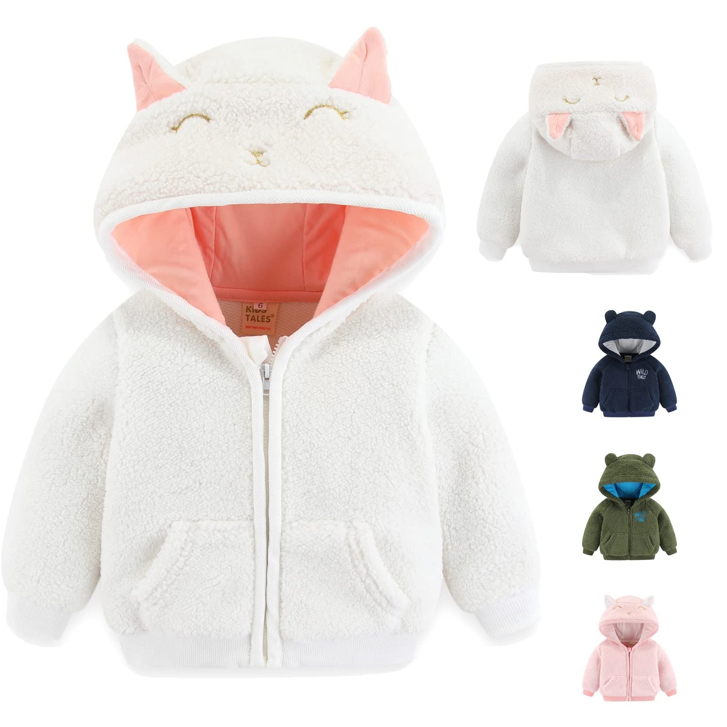 Newborn Infant Baby Boys Girls Cartoon Fleece Hooded Jacket Coat with Ears Warm Todder Kids Outwear Coat Zipper Up 0-6Y
