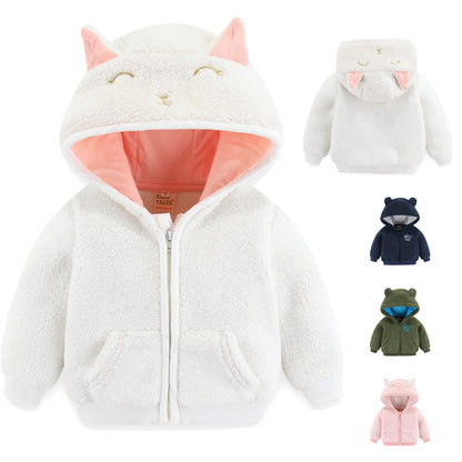 Newborn Infant Baby Boys Girls Cartoon Fleece Hooded Jacket Coat with Ears Warm Todder Kids Outwear Coat Zipper Up 0-6Y