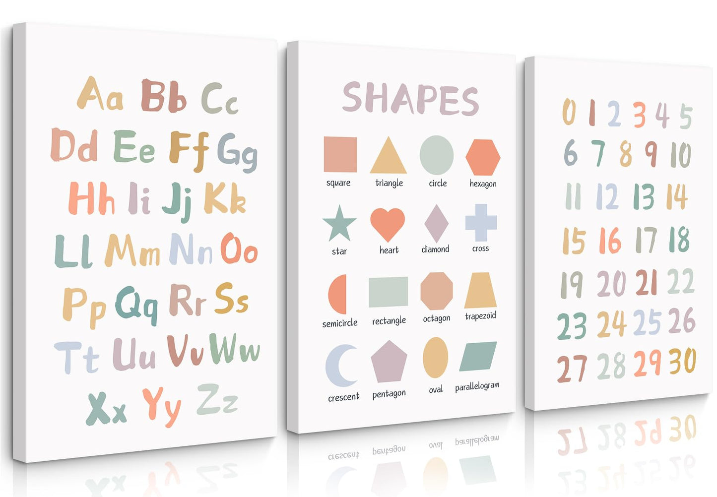 Kids Playroom Wall Art Decor Nursery ABC Alphabet Poster Play Room Canvas Wall Decor Toddler Childrens Educational Artwork Numbers Shapes Prints ABC Picture for Playroom 12x16 Inch Unframed Set of 3