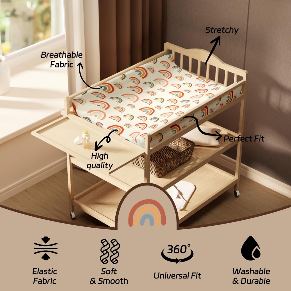4 Pack Crib Sheets Boho Nursery Sheets Sunshine and Rainbow Desdign Neutral Unisex Fitted Baby Standard Crib Sheets for Baby Boys or Girls (Crib Sheets)