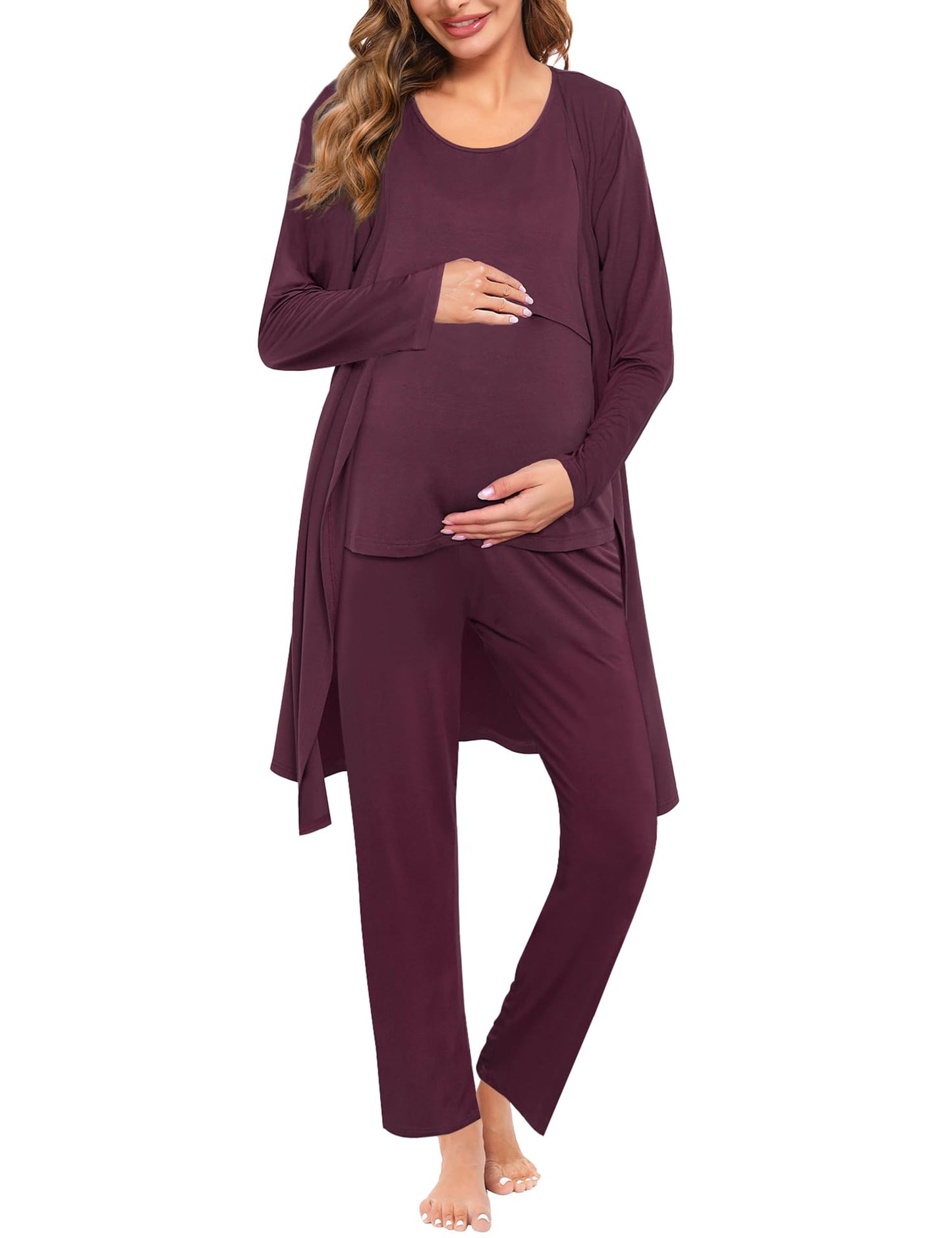 SWOMOG Maternity Nursing Robe Set 3 PCS Women Postpartum Pajamas Breastfeeding Labor Delivery Hospital Pregnancy Pjs