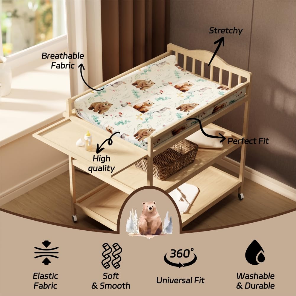 4 Pack Changing Pad Covers Woodland Forest Animals Wood Neutral Unisex Fitted Baby Changing Pad Cover Set for Baby Boys or Girls