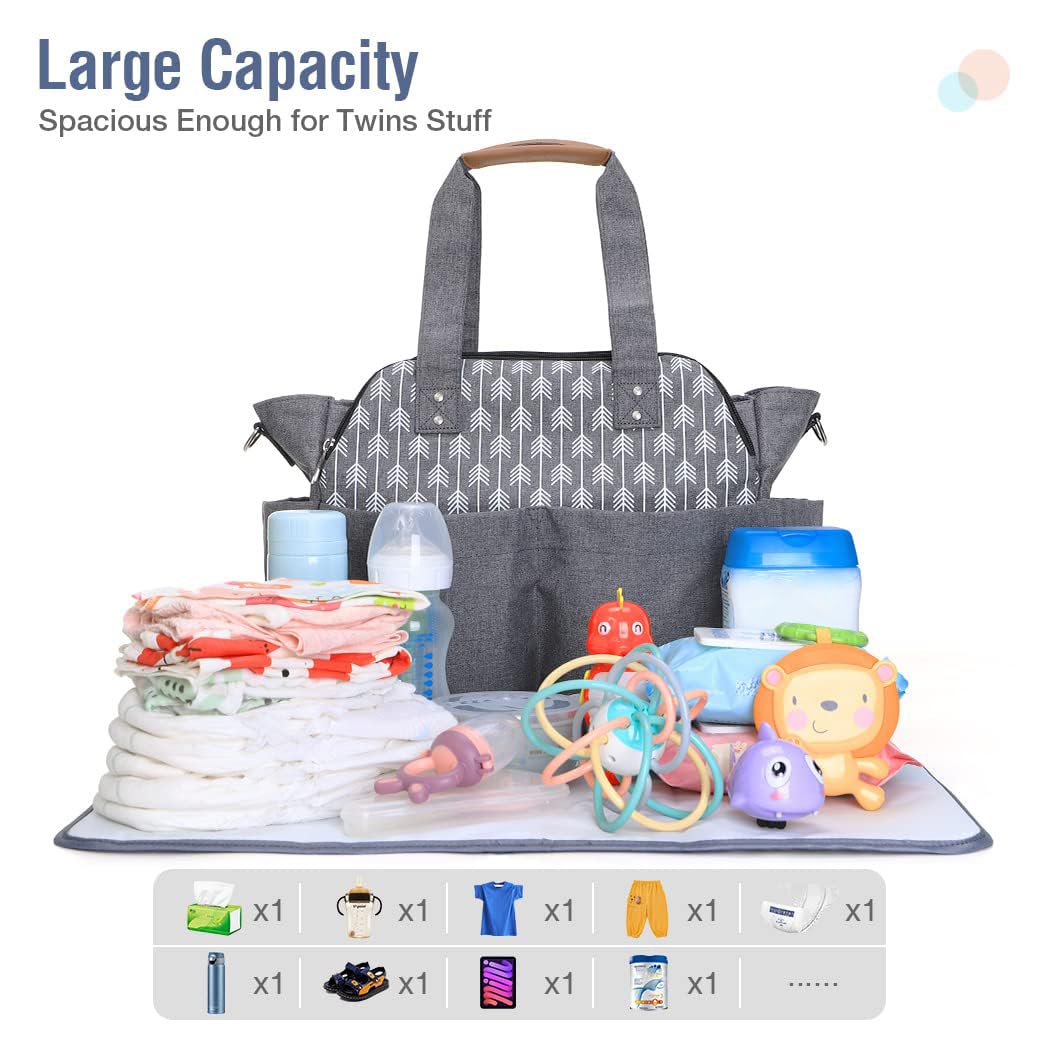 Lekebaby Diaper Bag Tote, 17 Pockets Large Travel Diaper Tote Waterproof with Portable Changing Pad, Mom Crossbody Hospital Bag for Labor Delivery, Baby Essentials for Newborn Gifts, Grey