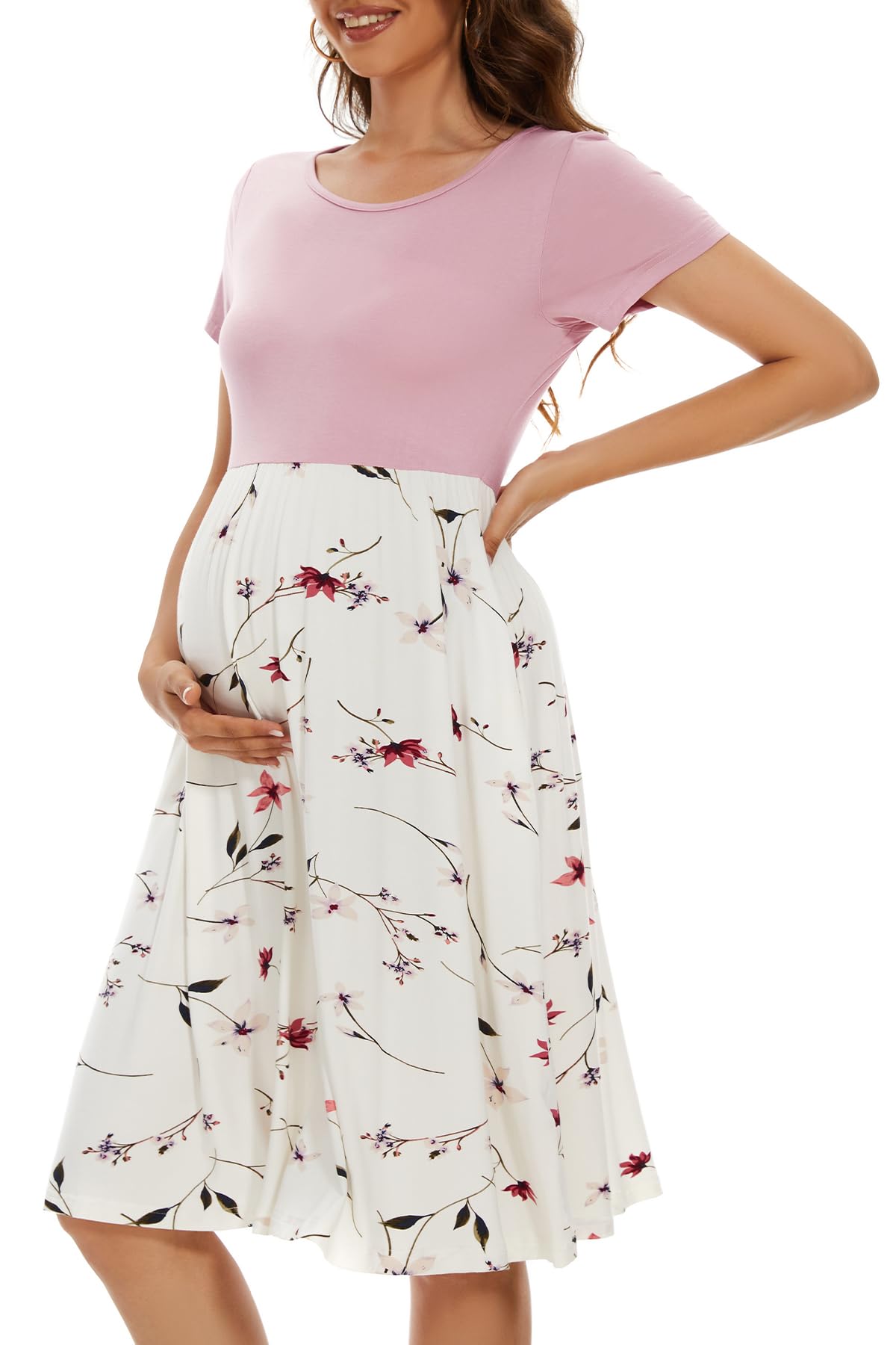 Women's Short Sleeve Maternity Dress Patchwork Pregnancy Clothes with Pockets