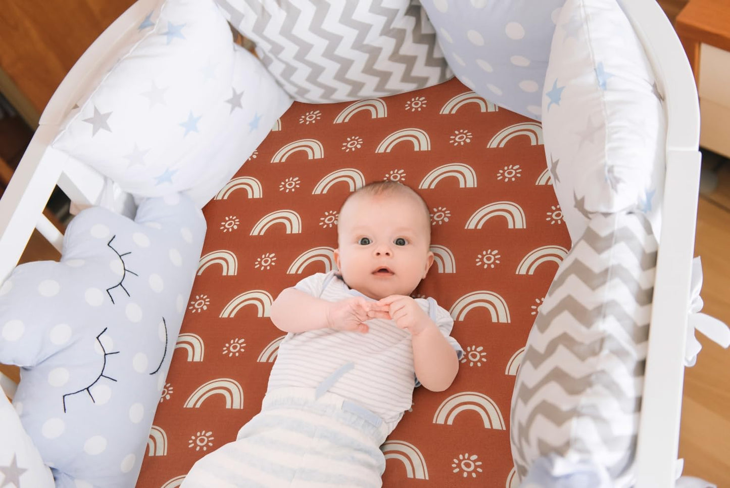 4 Pack Crib Sheets Boho Nursery Sheets Sunshine and Rainbow Desdign Neutral Unisex Fitted Baby Standard Crib Sheets for Baby Boys or Girls (Crib Sheets)