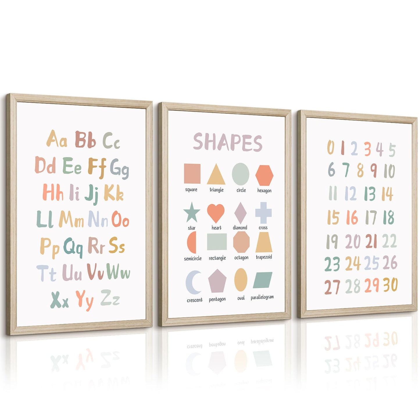 Kids Playroom Wall Art Decor Nursery ABC Alphabet Poster Play Room Canvas Wall Decor Toddler Childrens Educational Artwork Numbers Shapes Prints ABC Picture for Playroom 12x16 Inch Unframed Set of 3