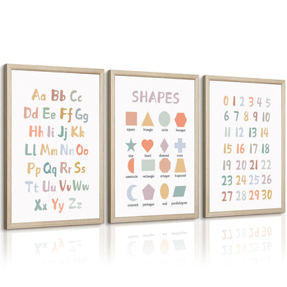 Kids Playroom Wall Art Decor Nursery ABC Alphabet Poster Play Room Canvas Wall Decor Toddler Childrens Educational Artwork Numbers Shapes Prints ABC Picture for Playroom 12x16 Inch Unframed Set of 3