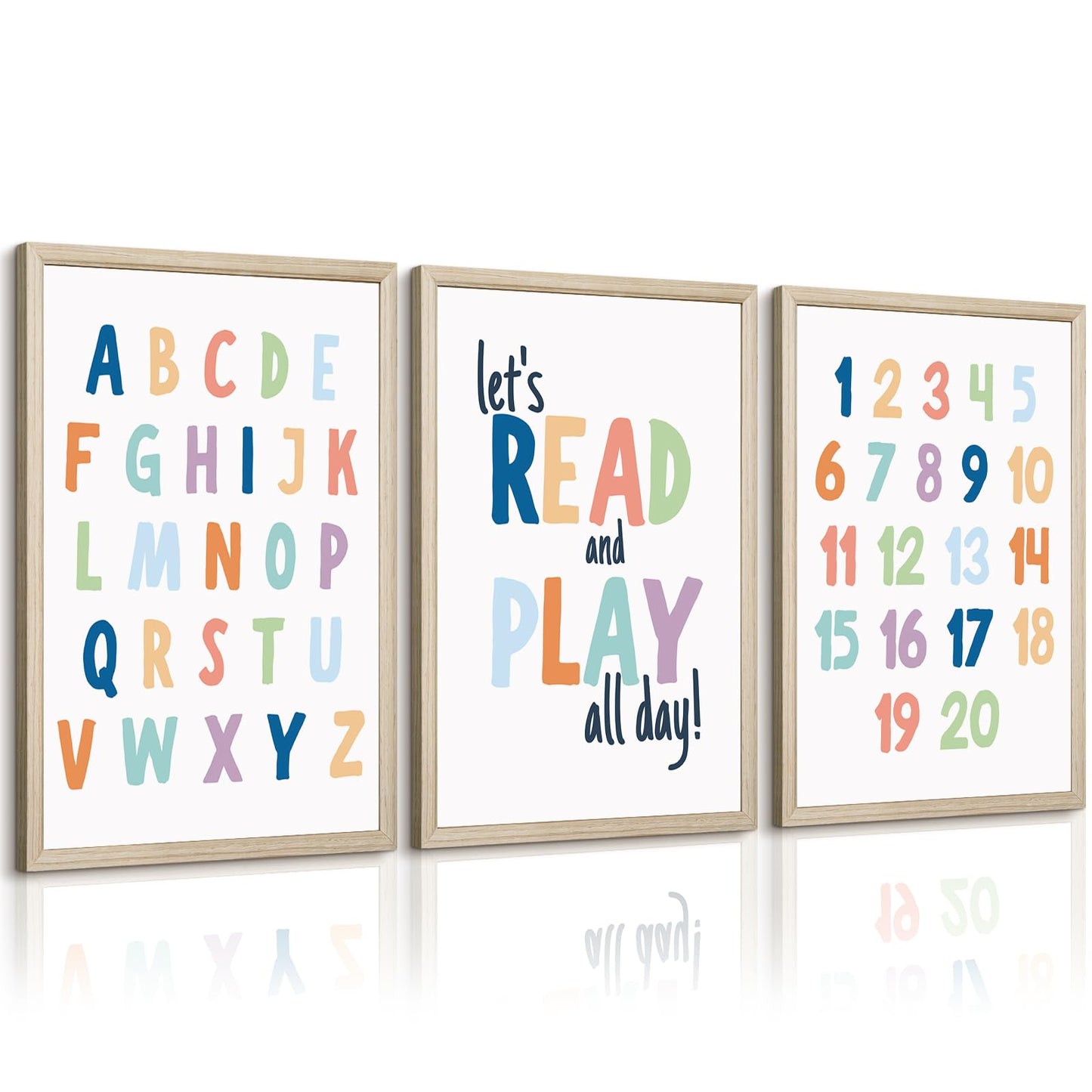 Kids Playroom Wall Art Decor Nursery ABC Alphabet Poster Play Room Canvas Wall Decor Toddler Childrens Educational Artwork Numbers Shapes Prints ABC Picture for Playroom 12x16 Inch Unframed Set of 3