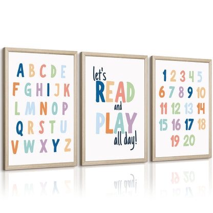 Kids Playroom Wall Art Decor Nursery ABC Alphabet Poster Play Room Canvas Wall Decor Toddler Childrens Educational Artwork Numbers Shapes Prints ABC Picture for Playroom 12x16 Inch Unframed Set of 3
