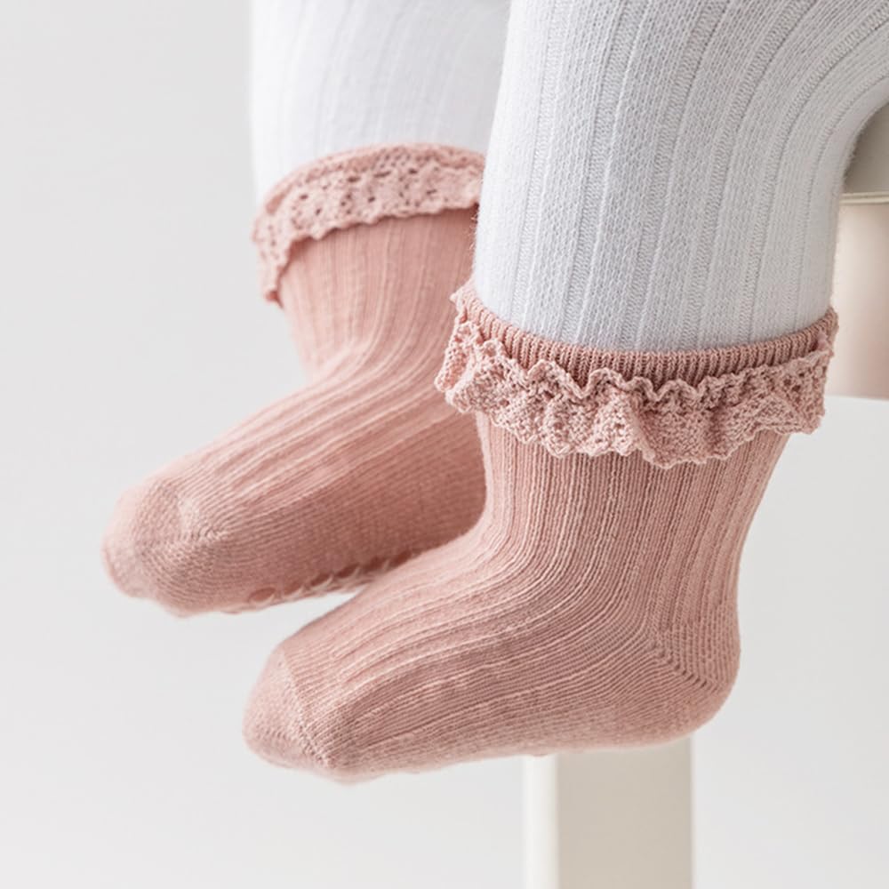 DRESHOW BQUBO Baby Girls Toddler Anti Slip Socks - Cute Frilly Ruffle Grip Ankle Socks for Infant Toddler