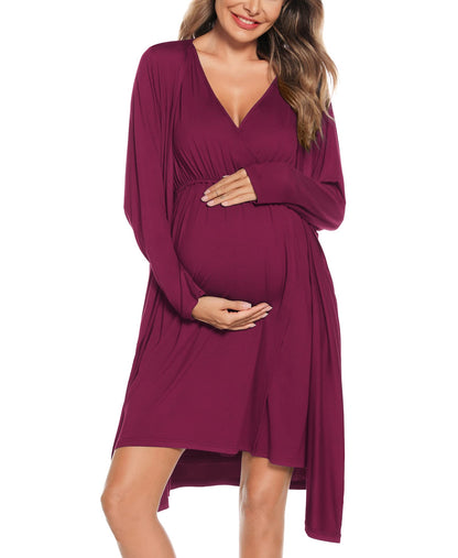 SWOMOG Women Maternity Nursing Gown and Robe Set 3 in 1 Labor Delivery Nursing Nightgown for Breastfeeding Hospital Bathrobe