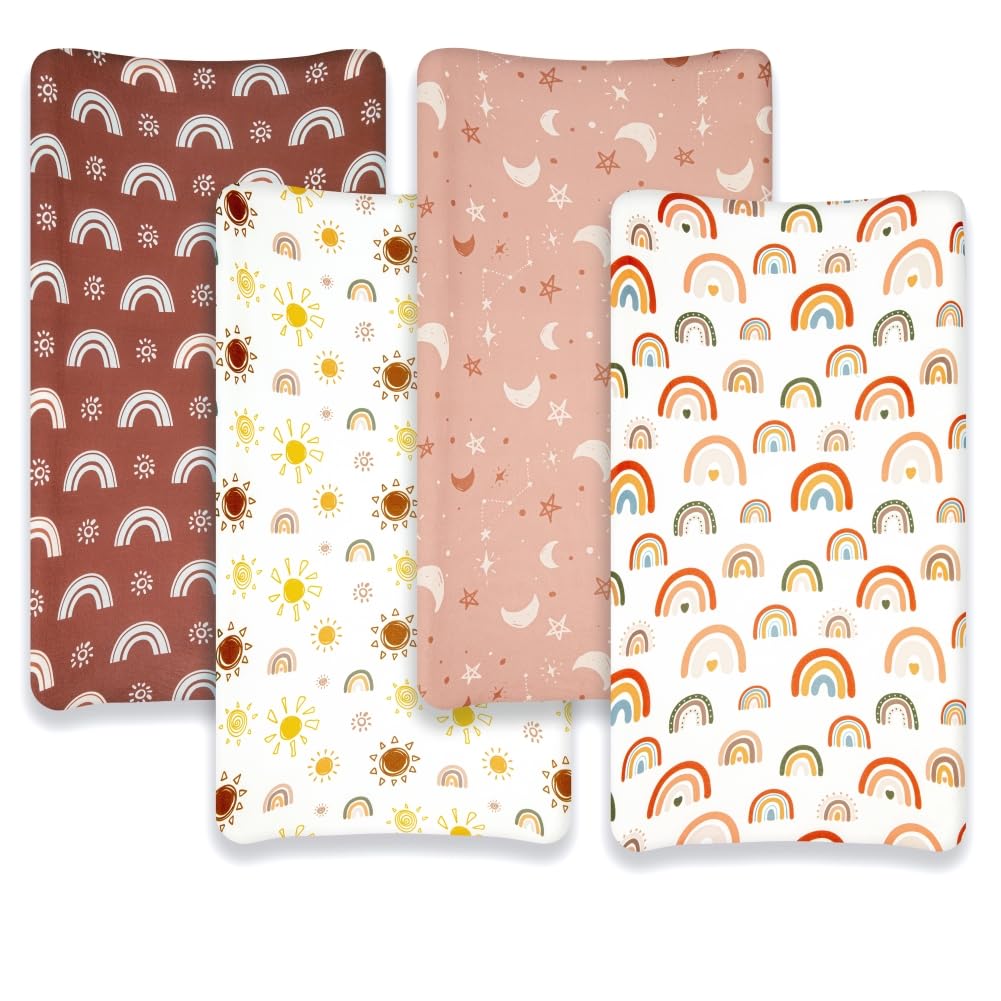 4 Pack Crib Sheets Boho Nursery Sheets Sunshine and Rainbow Desdign Neutral Unisex Fitted Baby Standard Crib Sheets for Baby Boys or Girls (Crib Sheets)