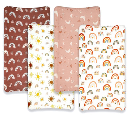 4 Pack Crib Sheets Boho Nursery Sheets Sunshine and Rainbow Desdign Neutral Unisex Fitted Baby Standard Crib Sheets for Baby Boys or Girls (Crib Sheets)