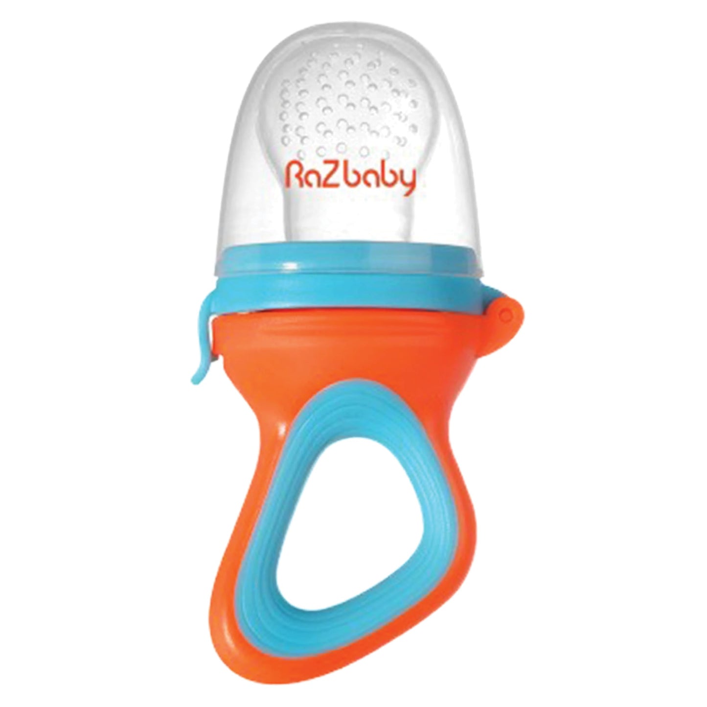 RaZbaby Baby Solids/Frozen Fruit Feeder Pacifier, Infant Teether Toy 6M+, BPA-Free, Safely Introduce Solids, Natural Teething Relief, Dishwasher Safe, Freezable – Blue & Orange 2-Pack