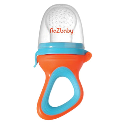 RaZbaby Baby Solids/Frozen Fruit Feeder Pacifier, Infant Teether Toy 6M+, BPA-Free, Safely Introduce Solids, Natural Teething Relief, Dishwasher Safe, Freezable – Blue & Orange 2-Pack