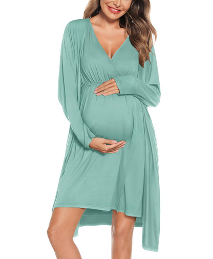 SWOMOG Women Maternity Nursing Gown and Robe Set 3 in 1 Labor Delivery Nursing Nightgown for Breastfeeding Hospital Bathrobe