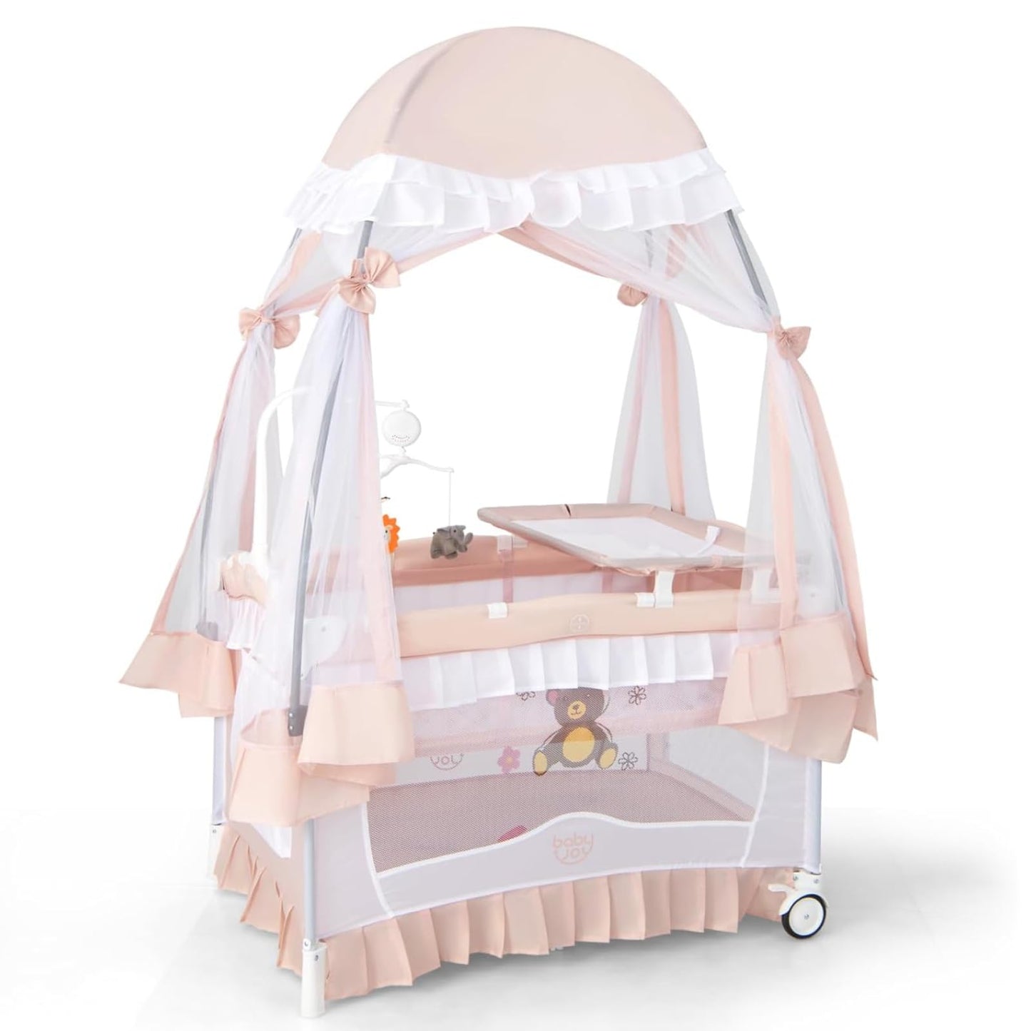 BABY JOY 4 in 1 Pack and Play with Canopy, Portable Baby Playard with Bassinet, Double-Layer Baby Crib, Wheels & Brake, Foldable Baby Girl Pink Princess Bassinet from Newborn to Toddler