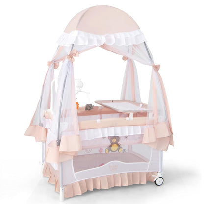 BABY JOY 4 in 1 Pack and Play with Canopy, Portable Baby Playard with Bassinet, Double-Layer Baby Crib, Wheels & Brake, Foldable Baby Girl Pink Princess Bassinet from Newborn to Toddler