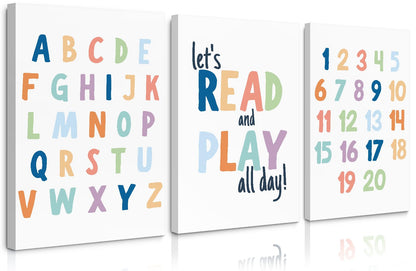Kids Playroom Wall Art Decor Nursery ABC Alphabet Poster Play Room Canvas Wall Decor Toddler Childrens Educational Artwork Numbers Shapes Prints ABC Picture for Playroom 12x16 Inch Unframed Set of 3