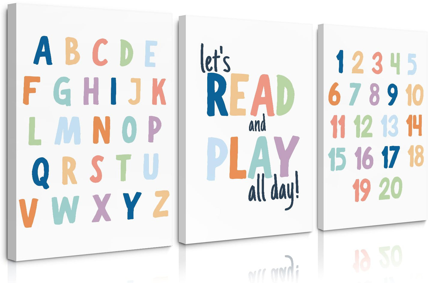 Kids Playroom Wall Art Decor Nursery ABC Alphabet Poster Play Room Canvas Wall Decor Toddler Childrens Educational Artwork Numbers Shapes Prints ABC Picture for Playroom 12x16 Inch Unframed Set of 3