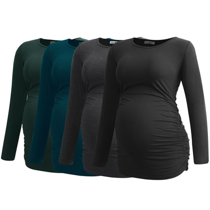 Smallshow Women's 4 Pack Maternity Shirts Long Sleeve Ruched Pregnancy Clothes Tops