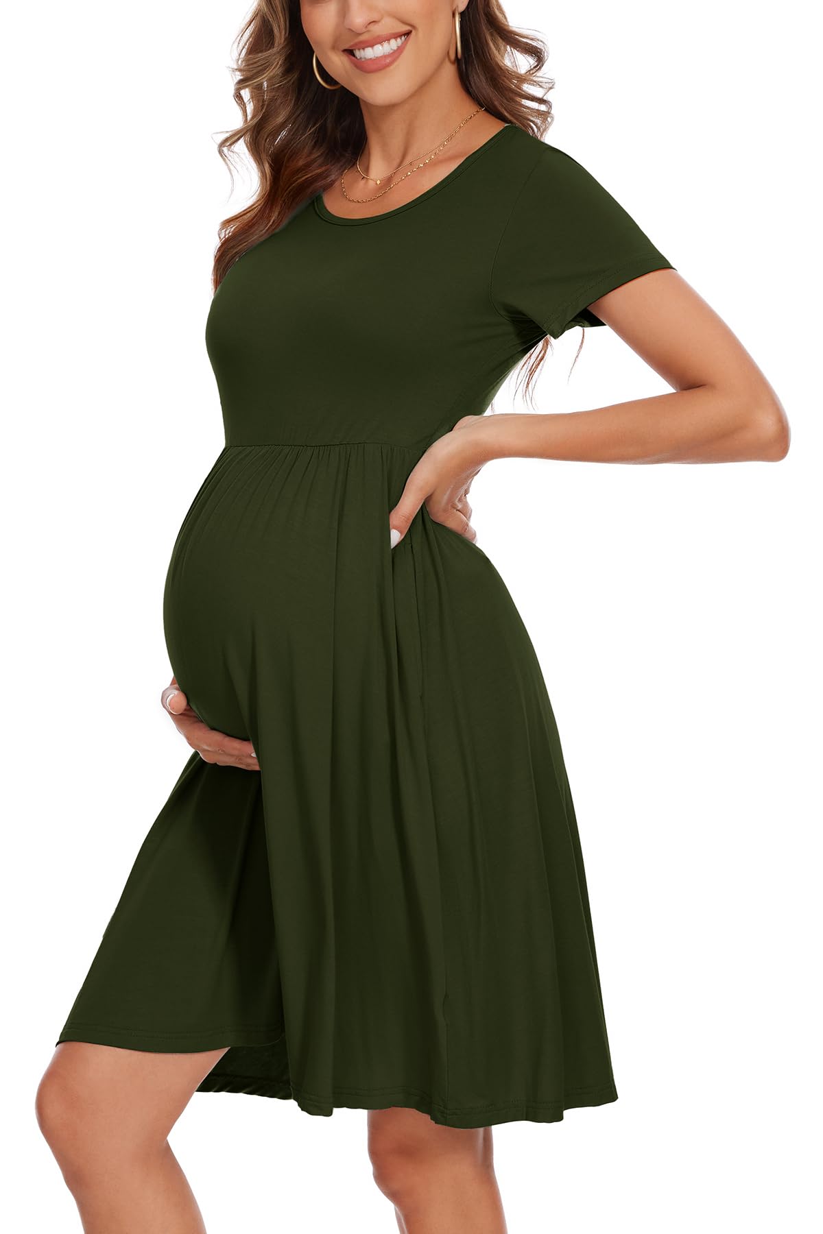 Women's Short Sleeve Maternity Dress Patchwork Pregnancy Clothes with Pockets