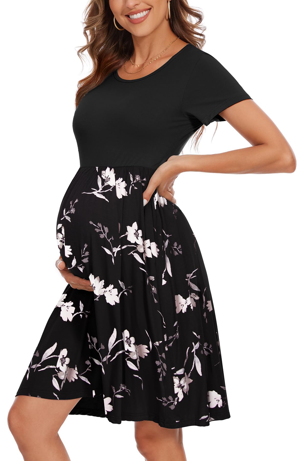 Women's Short Sleeve Maternity Dress Patchwork Pregnancy Clothes with Pockets
