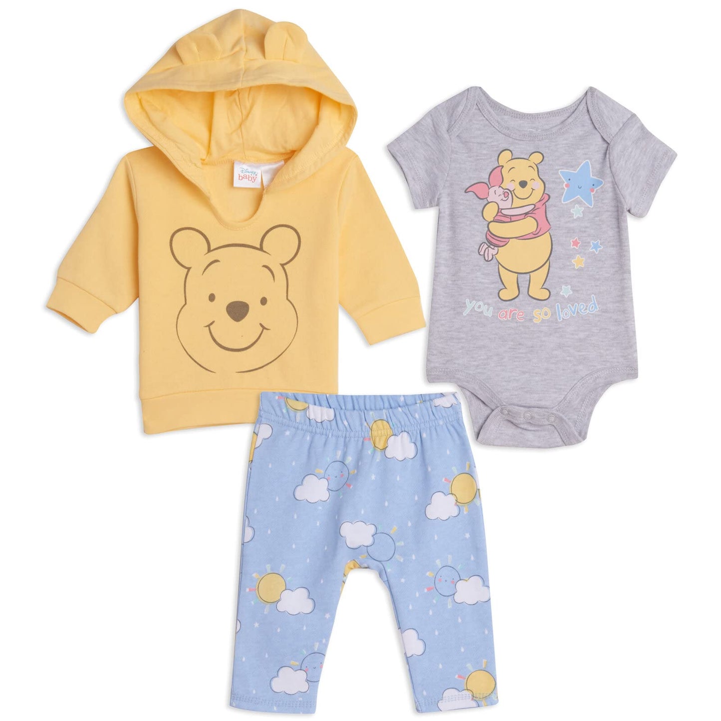 Disney Classics Winnie the Pooh Mickey Mouse Baby Hoodie Bodysuit and Pants 3 Piece Outfit Set (Newborn - 24 Months)