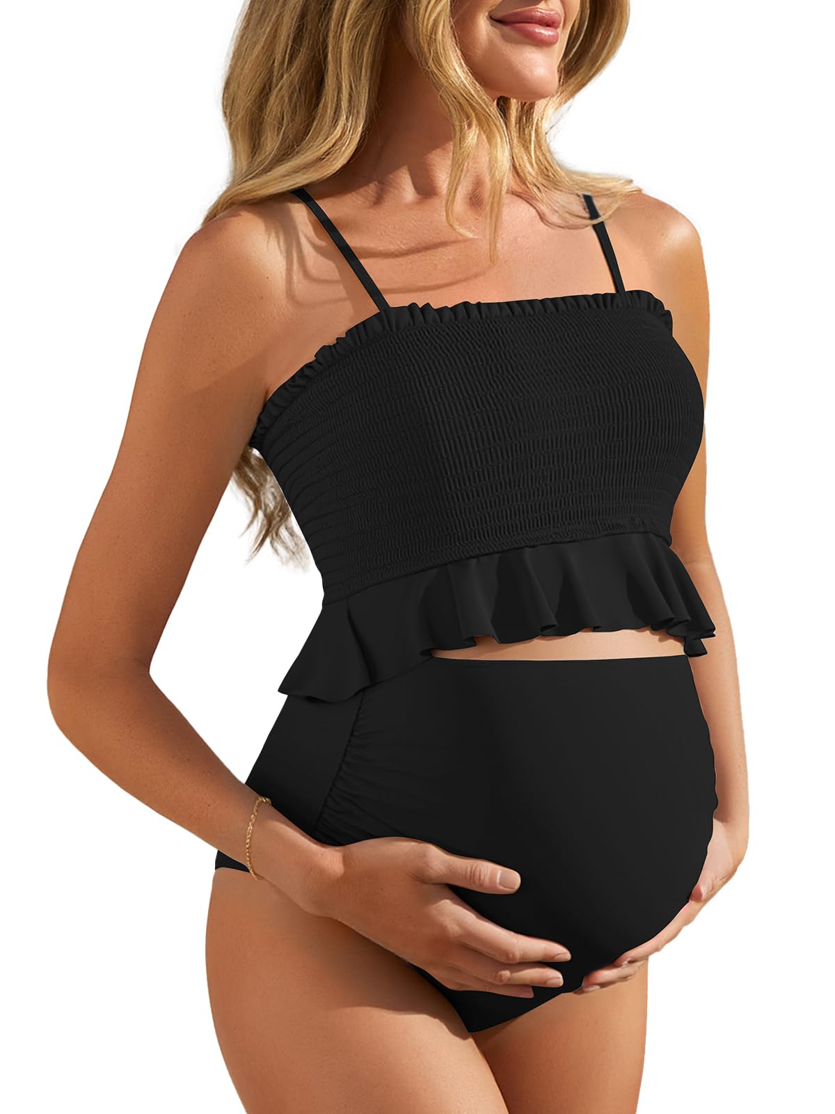 Summer Mae Maternity High Waist Swimsuit Ruffle Hem Bikini Bathing Suit Shirred Bandeau Two Piece Pregnancy Swimwear