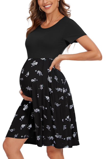 Women's Short Sleeve Maternity Dress Patchwork Pregnancy Clothes with Pockets