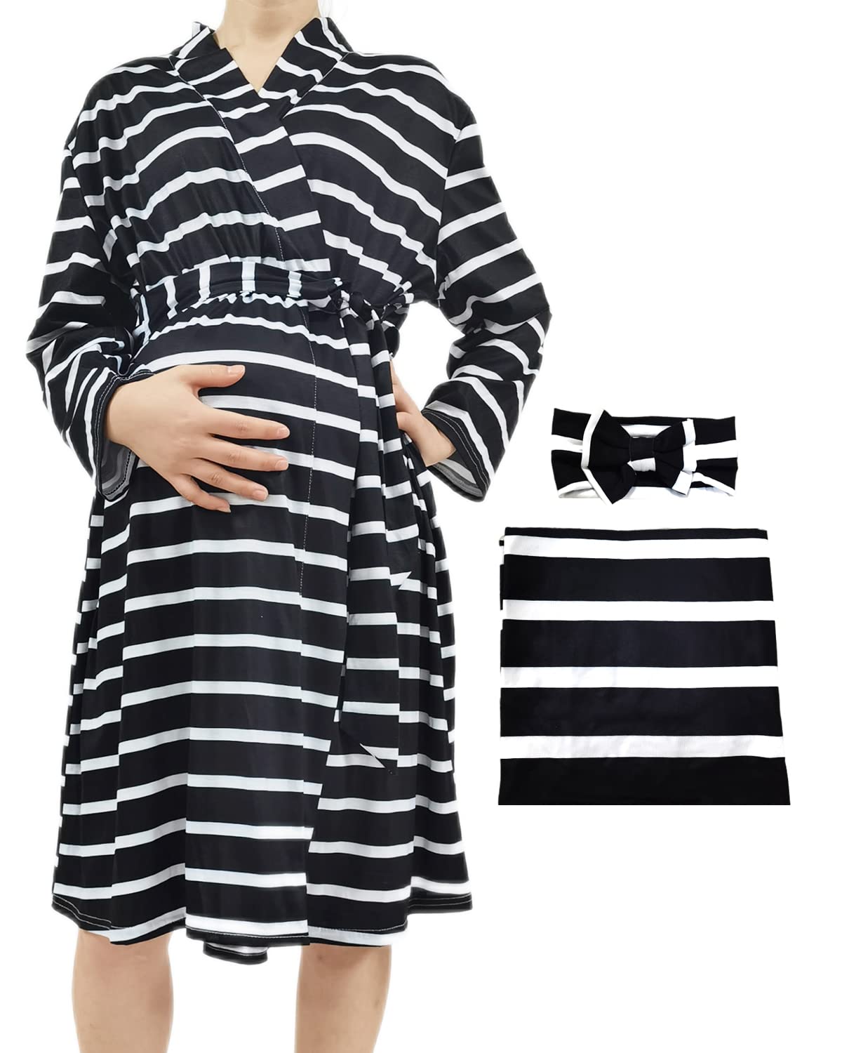 SUFEINI Maternity Robe and Matching Baby Swaddle Blanket Set, Mommy Robe with Receiving Blanket Girls Boys Sleepwear