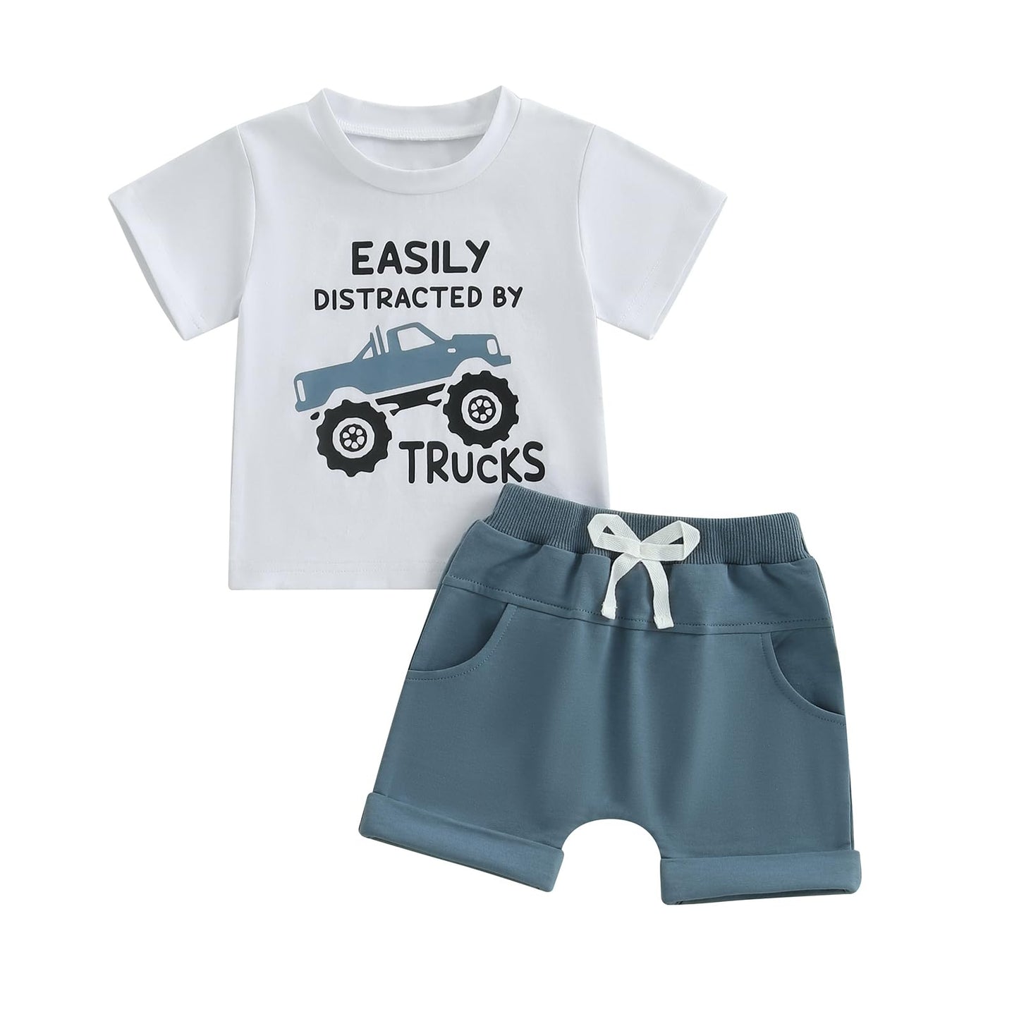 WZTYYDS Toddler Baby Boy Summer Clothes 2T 3T 4T 5T Boys Outfit Letter Truck Short Sleeve T-Shirt Tops + Shorts Set