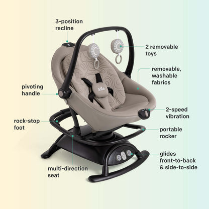 Joie Cinnamon 2-in-1 Glider and Rocker – Multi-Motion Baby Swing and Rocker Combo with Plush Fabrics, Compact Design, and Multiple Recline Positions – Soothing Sounds & Gentle Vibrations (Fern)