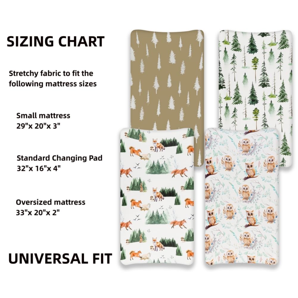 4 Pack Changing Pad Covers Woodland Forest Animals Wood Neutral Unisex Fitted Baby Changing Pad Cover Set for Baby Boys or Girls