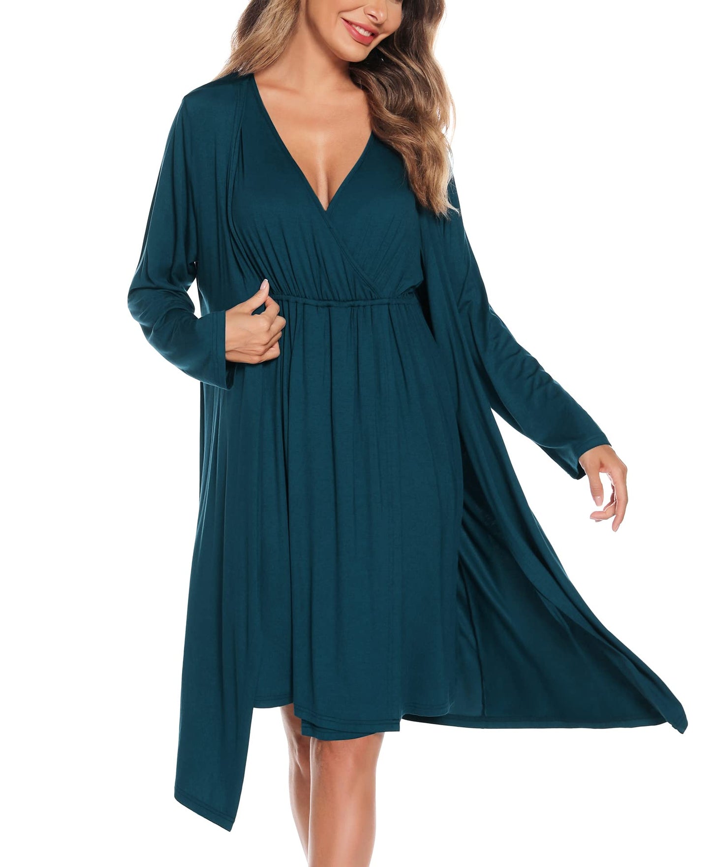 SWOMOG Women Maternity Nursing Gown and Robe Set 3 in 1 Labor Delivery Nursing Nightgown for Breastfeeding Hospital Bathrobe