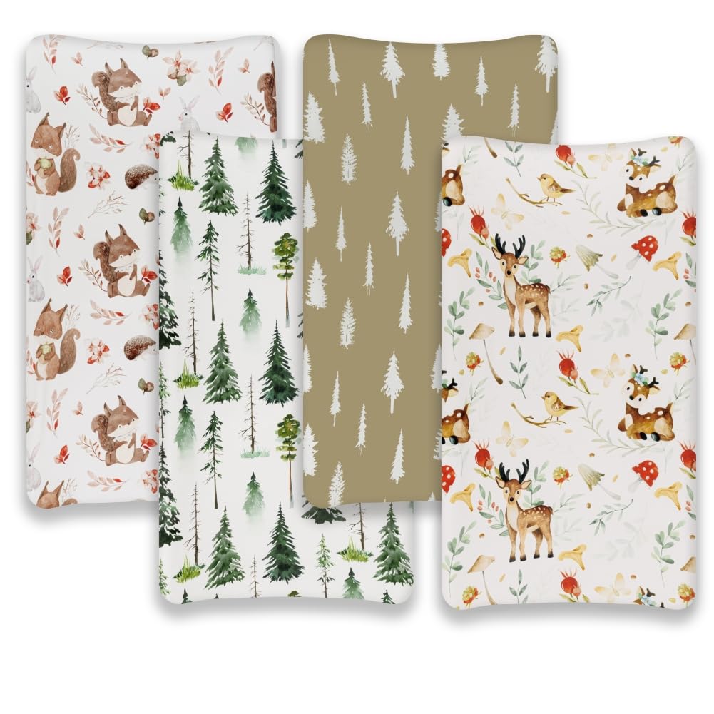 4 Pack Changing Pad Covers Woodland Forest Animals Wood Neutral Unisex Fitted Baby Changing Pad Cover Set for Baby Boys or Girls