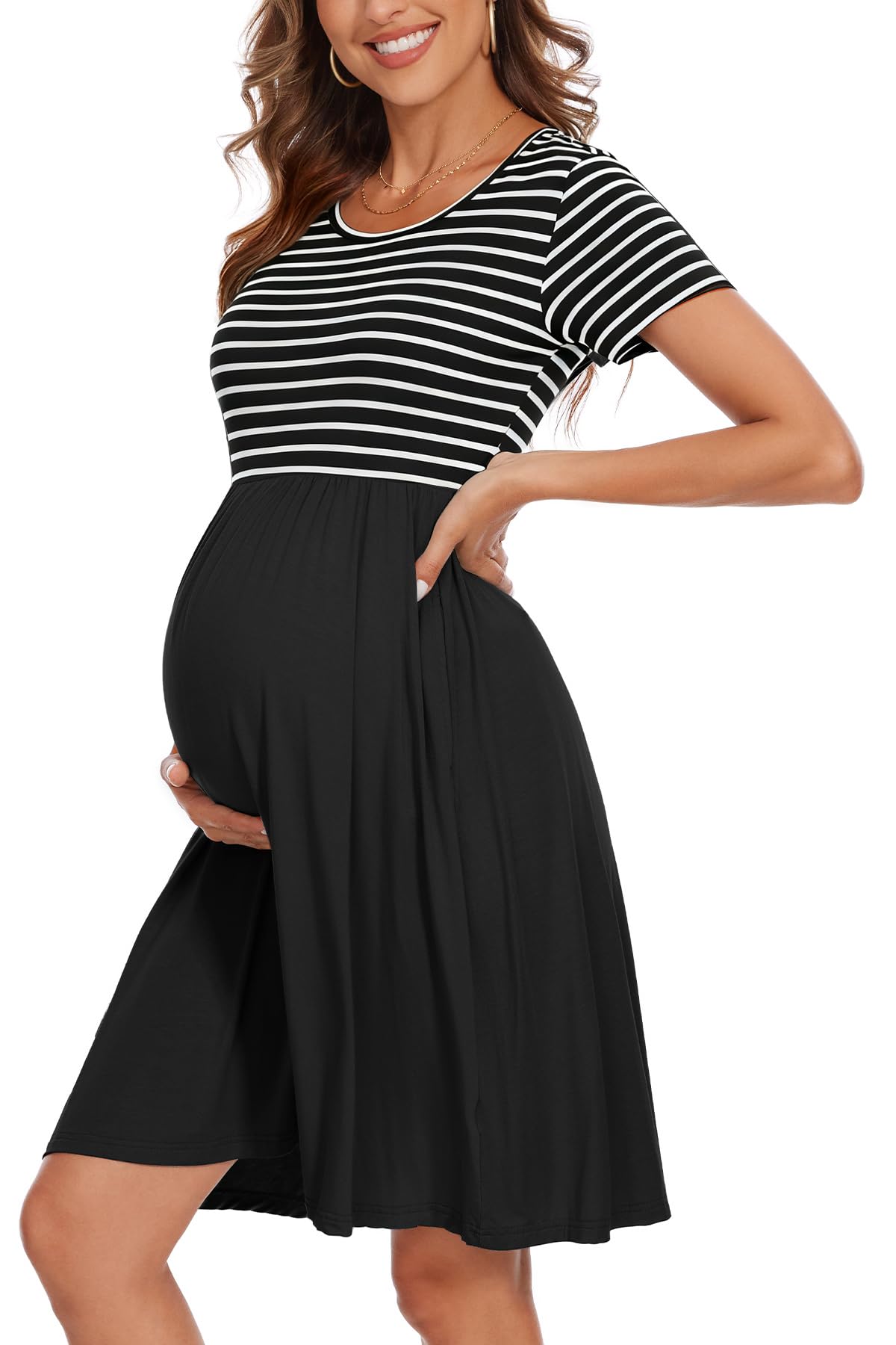 Women's Short Sleeve Maternity Dress Patchwork Pregnancy Clothes with Pockets