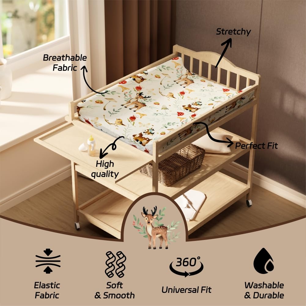 4 Pack Changing Pad Covers Woodland Forest Animals Wood Neutral Unisex Fitted Baby Changing Pad Cover Set for Baby Boys or Girls