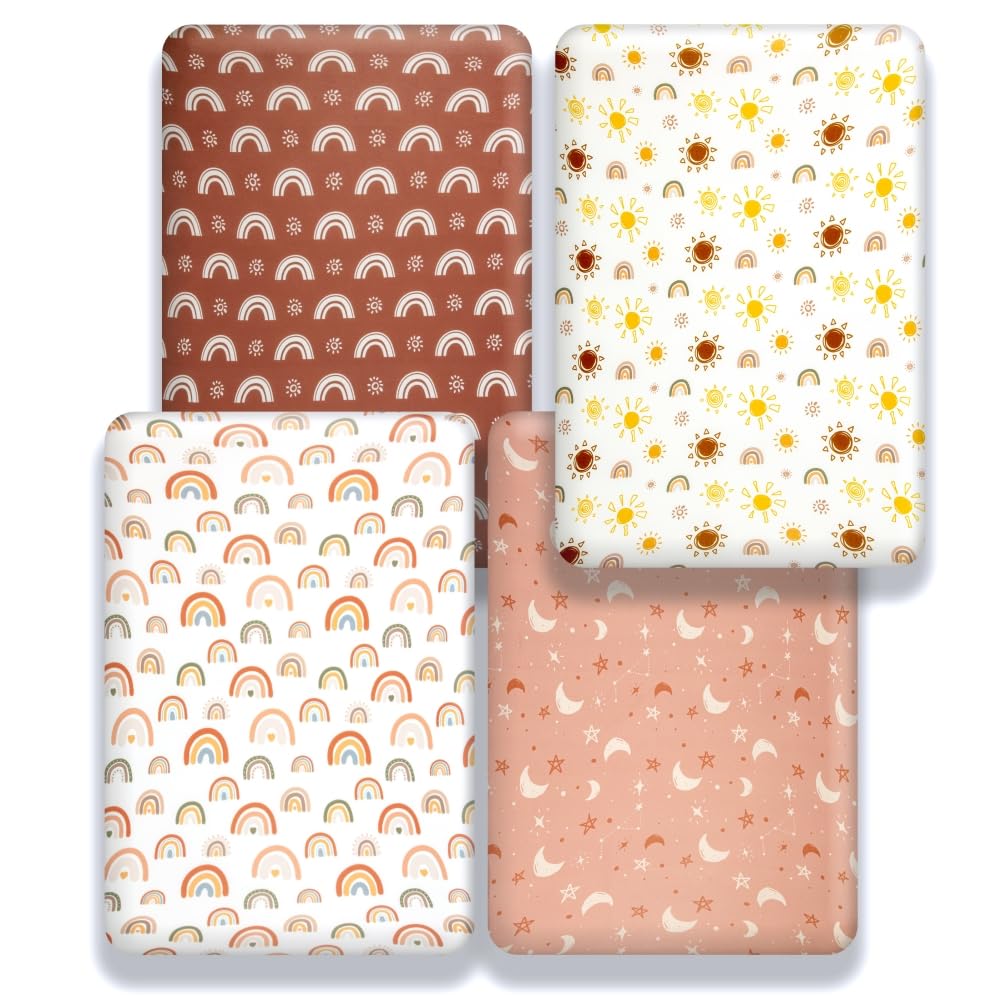 4 Pack Crib Sheets Boho Nursery Sheets Sunshine and Rainbow Desdign Neutral Unisex Fitted Baby Standard Crib Sheets for Baby Boys or Girls (Crib Sheets)