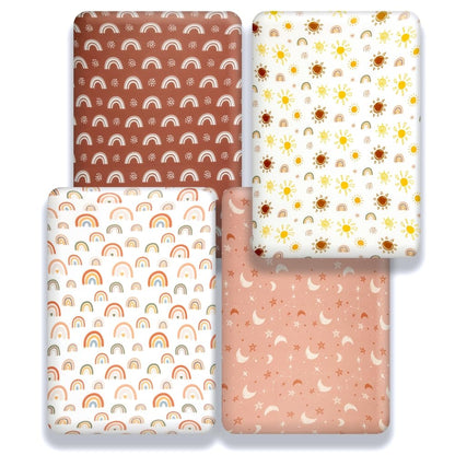 4 Pack Crib Sheets Boho Nursery Sheets Sunshine and Rainbow Desdign Neutral Unisex Fitted Baby Standard Crib Sheets for Baby Boys or Girls (Crib Sheets)