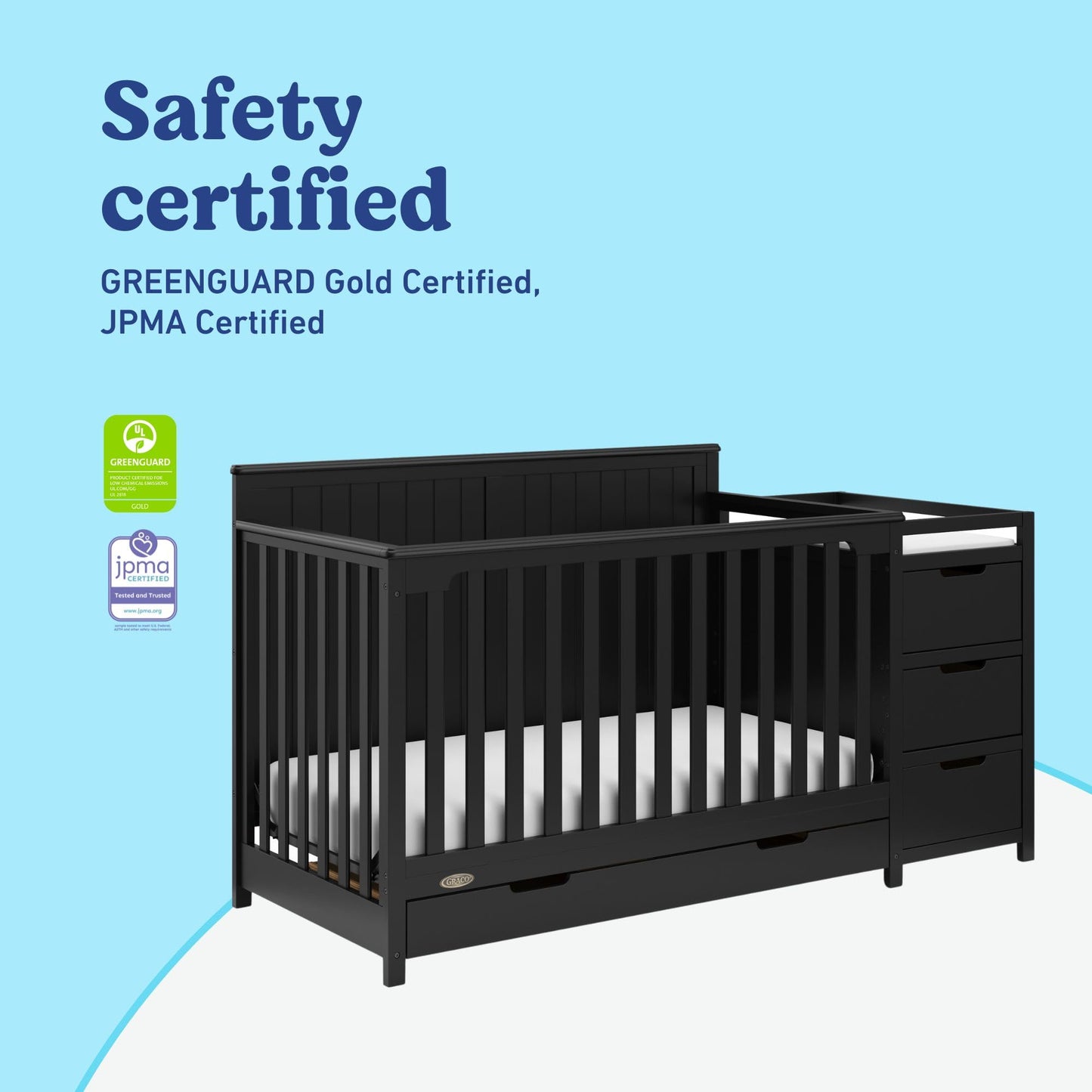 Graco Hadley 5-in-1 Convertible Crib & Changer – GREENGUARD Gold Certified, Fits Standard Crib Mattress, Converts to Toddler Bed and Full Bed, 4 Adjustable Mattress Heights (Pebble Gray)