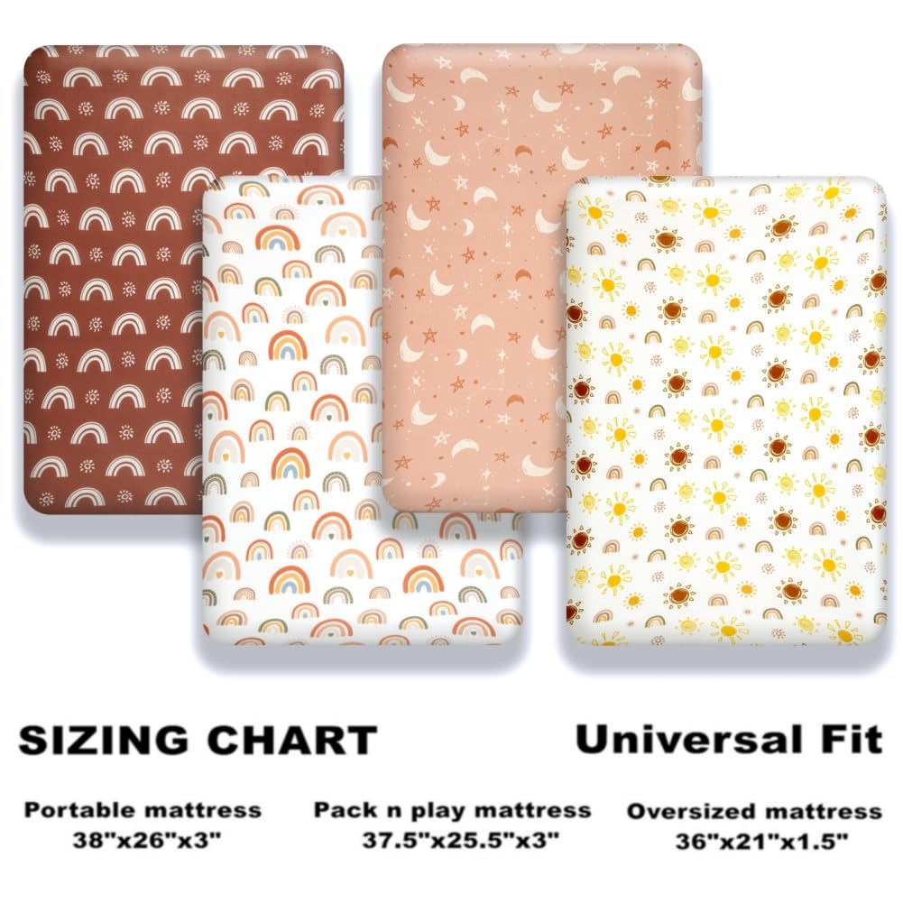 4 Pack Crib Sheets Boho Nursery Sheets Sunshine and Rainbow Desdign Neutral Unisex Fitted Baby Standard Crib Sheets for Baby Boys or Girls (Crib Sheets)