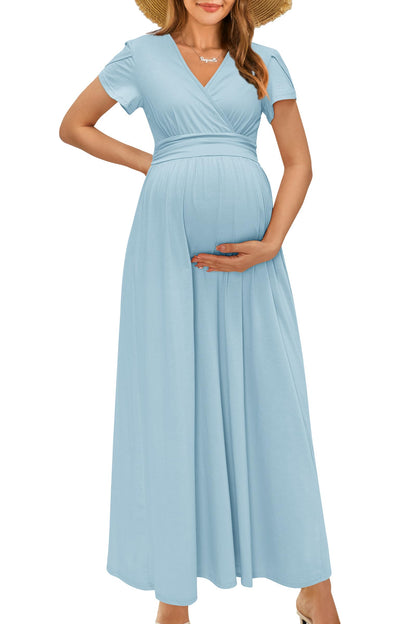 OUGES Maternity Maxi Dress Wrap Baby Shower Pregnancy Dresses for Photoshoot Maternity Outfits Summer Clothes 2026