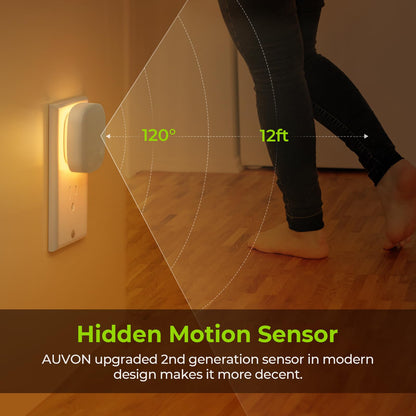 AUVON Plug-in LED Backlit Night Light with Motion Sensor & Dusk to Dawn Sensor, Dimmable Warm White Nightlight with 1-50 lm Adjustable Brightness for Bedroom, Bathroom, Stairs, Hallway (4 Pack)
