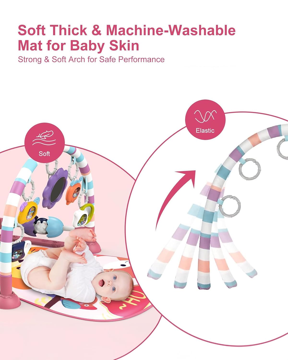 dearlomum Baby Play Mat Gym, Funny Play Piano Tummy Time Activity Mat with 5 Infant Sensory Toys, Music and Lights, Boy & Girl Gifts for Newborns 0 to 3 6 9 12 Months (Pink)