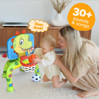 Move2Play, Dinosaur Basketball Hoop & Soccer Goal Activity Center | 30+ Sounds & Songs + 5 Lights | 1 2 3 Year Old for Boys and Girls | Toy & Gift for Baby & Toddlers