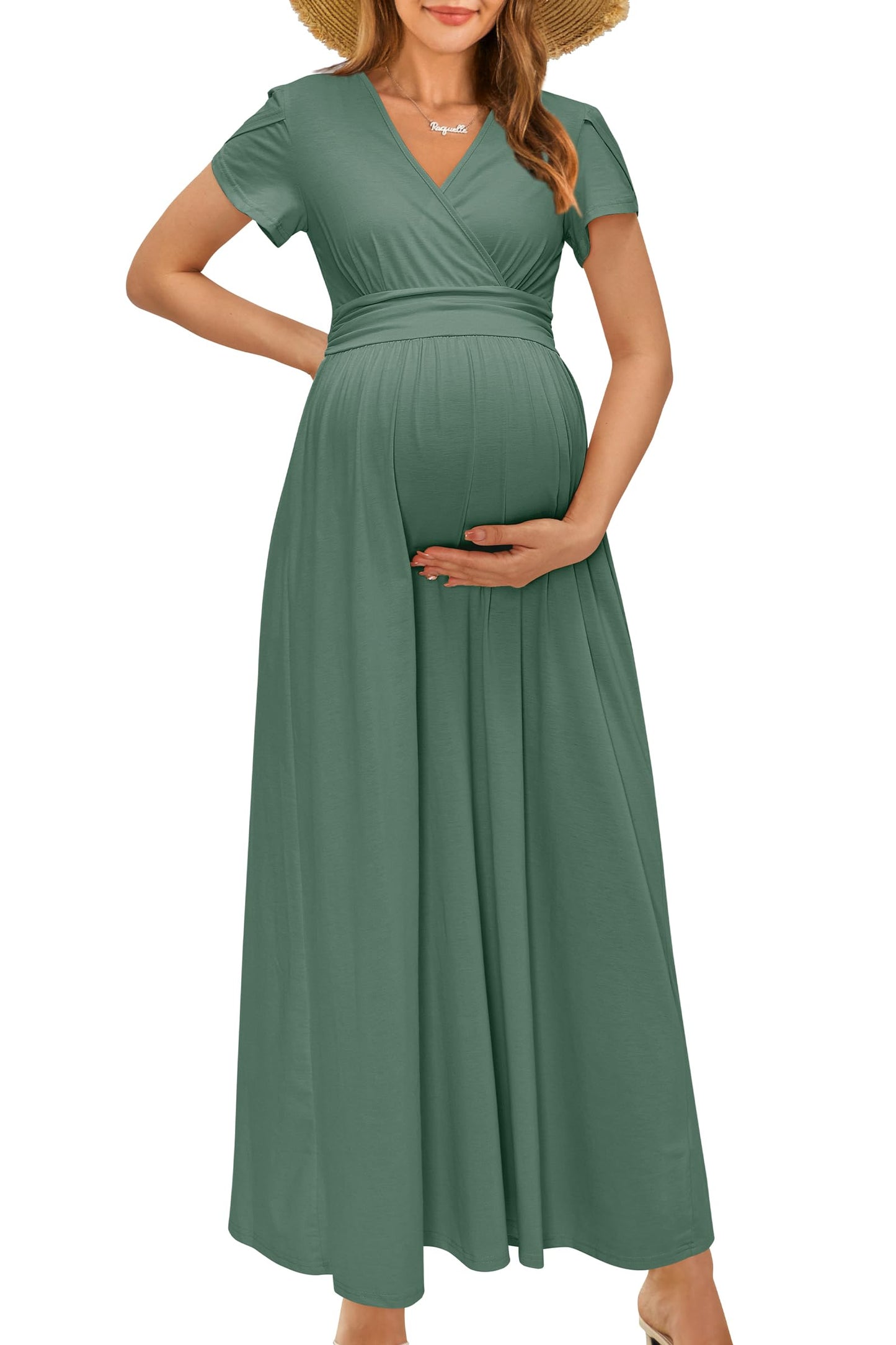 OUGES Maternity Maxi Dress Wrap Baby Shower Pregnancy Dresses for Photoshoot Maternity Outfits Summer Clothes 2026