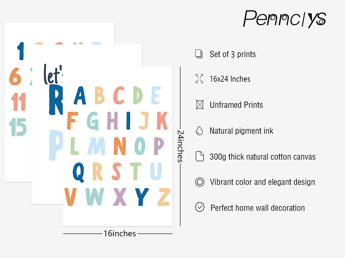 Kids Playroom Wall Art Decor Nursery ABC Alphabet Poster Play Room Canvas Wall Decor Toddler Childrens Educational Artwork Numbers Shapes Prints ABC Picture for Playroom 12x16 Inch Unframed Set of 3