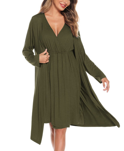 SWOMOG Women Maternity Nursing Gown and Robe Set 3 in 1 Labor Delivery Nursing Nightgown for Breastfeeding Hospital Bathrobe